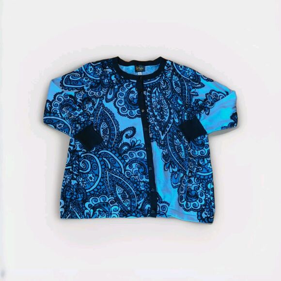 Bob Mackie Cardigan Sweater Womens 1X Blue Black Paisley Wearable Art Button Up - Picture 1 of 7